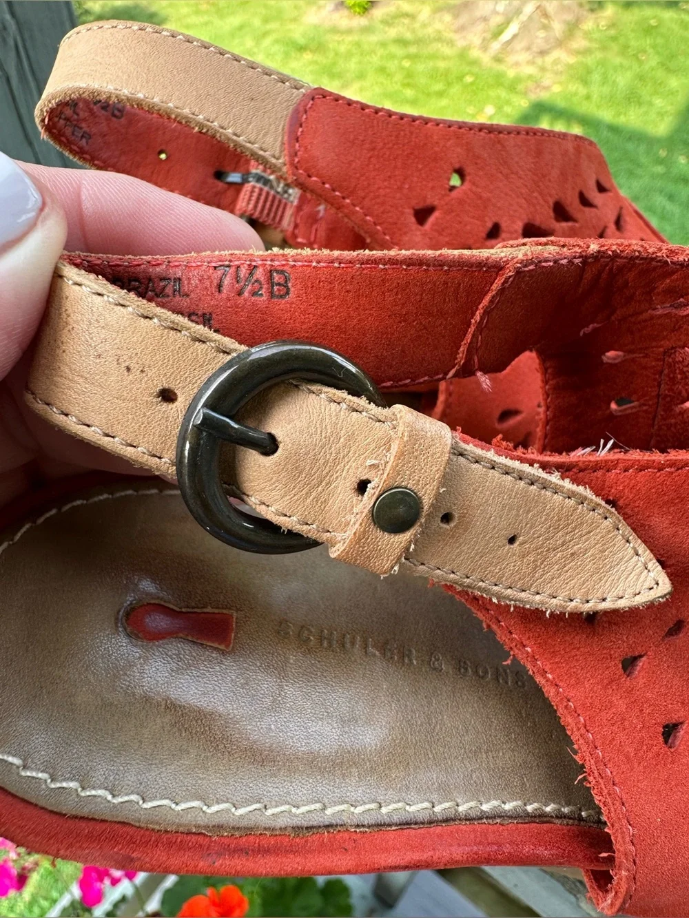 SCHULER & SONS PHILA 7.5 Orange Suede Laser-Cut Wedge Sling Back Sandals Wood